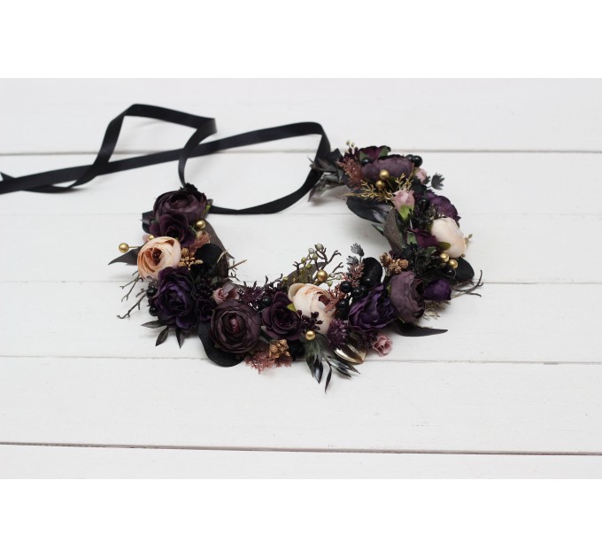 Deep purple black gold beige flower crown. Hair wreath. Flower girl crown. Wedding flowers. Halloween wedding. 5194