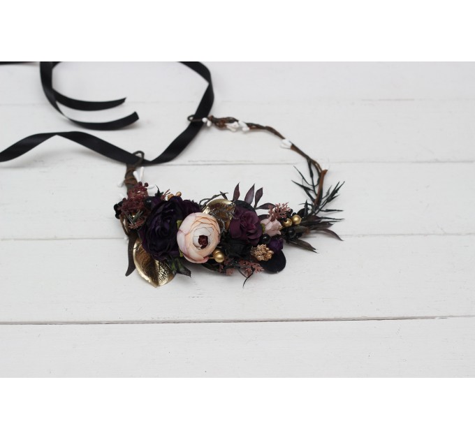 Deep purple black gold beige flower crown. Hair wreath. Flower girl crown. Wedding flowers. Halloween wedding. 5194