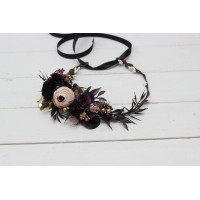 Deep purple black gold beige flower crown. Hair wreath. Flower girl crown. Wedding flowers. Halloween wedding. 5194