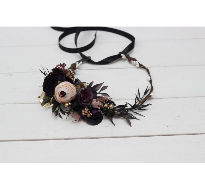 Deep purple black gold beige flower crown. Hair wreath. Flower girl crown. Wedding flowers. Halloween wedding. 5194
