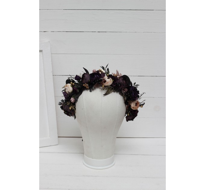 Deep purple black gold beige flower crown. Hair wreath. Flower girl crown. Wedding flowers. Halloween wedding. 5194