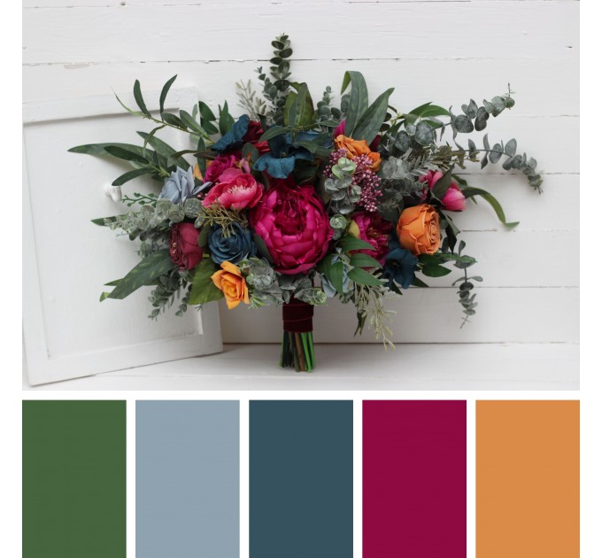 Jewel-Tone Wedding Bouquets in Emerald Green, Orange, Magenta & Teal | Faux Bridal & Bridesmaid Bouquets