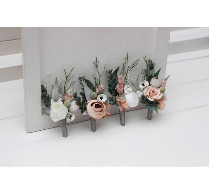  Wedding boutonnieres and wrist corsage  in beige white gray blush pink color scheme. Flower accessories. 5261