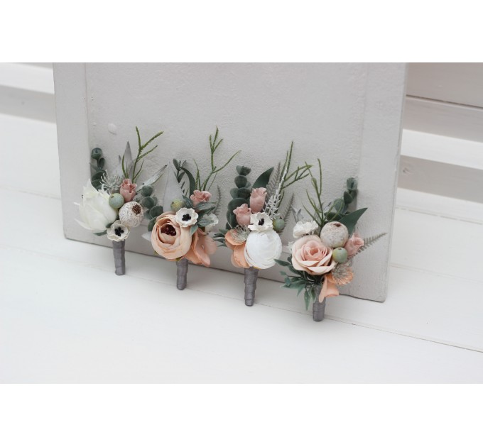 Wedding Boutonnieres & Wrist Corsage in Beige, White, Gray & Blush Pink | Faux Flower Accessories