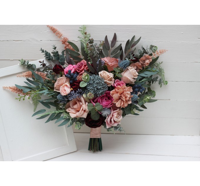 Wedding Bouquets in Burgundy, Dusty Rose & Blue | Cascading Faux Bridal & Bridesmaid Bouquets