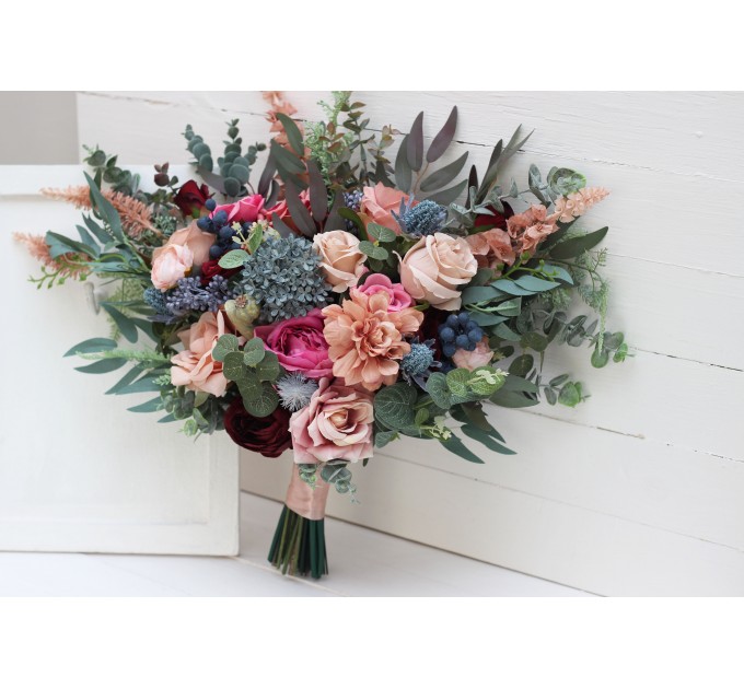 Wedding Bouquets in Burgundy, Dusty Rose & Blue | Cascading Faux Bridal & Bridesmaid Bouquets
