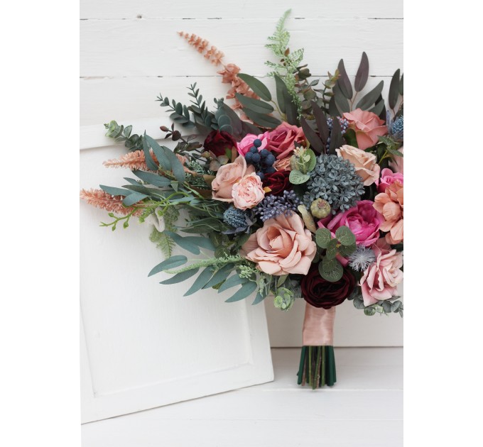 Wedding Bouquets in Burgundy, Dusty Rose & Blue | Cascading Faux Bridal & Bridesmaid Bouquets