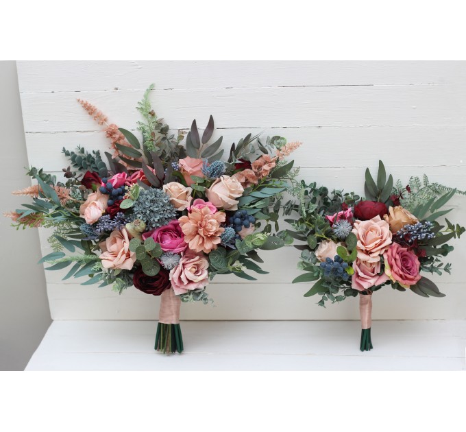 Wedding Bouquets in Burgundy, Dusty Rose & Blue | Cascading Faux Bridal & Bridesmaid Bouquets