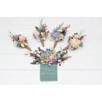 Pocket boutonniere in dusty blue blush pink yellow color scheme. Wildflowers boutonniere. Flower accessories. Pocket flowers. Square flowers. 5259
