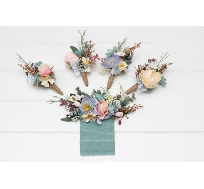 Pocket Boutonniere in Dusty Blue, Blush Pink & Yellow | Wildflower Faux Flower Accessories