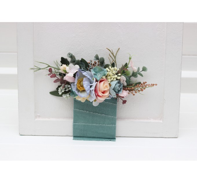 Pocket Boutonniere in Dusty Blue, Blush Pink & Yellow | Wildflower Faux Flower Accessories