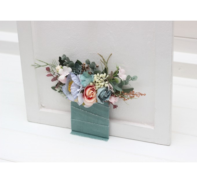 Pocket Boutonniere in Dusty Blue, Blush Pink & Yellow | Wildflower Faux Flower Accessories