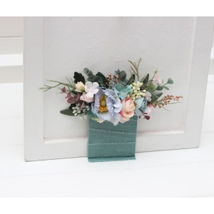 Pocket boutonniere in dusty blue blush pink yellow color scheme. Wildflowers boutonniere. Flower accessories. Pocket flowers. Square flowers. 5259