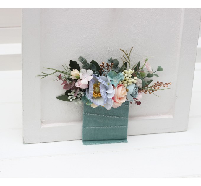 Pocket Boutonniere in Dusty Blue, Blush Pink & Yellow | Wildflower Faux Flower Accessories