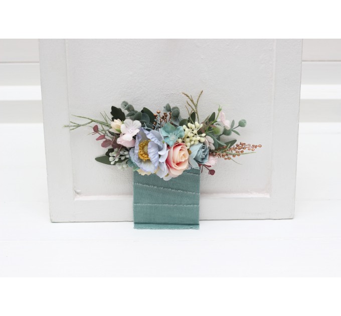 Pocket Boutonniere in Dusty Blue, Blush Pink & Yellow | Wildflower Faux Flower Accessories