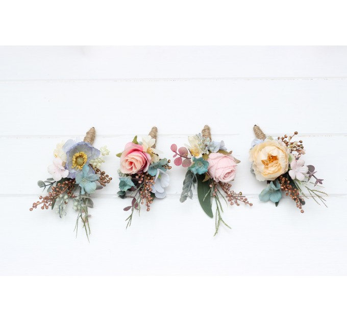 Wedding Boutonnieres & Wrist Corsage in Dusty Blue, Blush Pink & Yellow | Wildflower Faux Flower Accessories