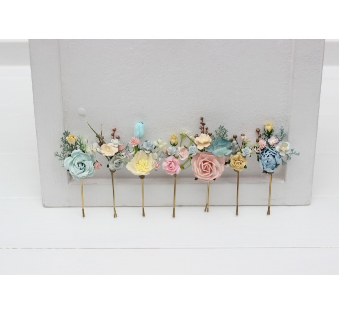 Set of 7 bobby pins in pastel color scheme. Hair accessories. Flower accessories for wedding. 5259