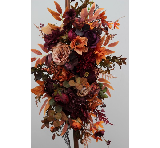 Flower Arch Arrangement in Plum, Purple, Orange, Rust & Beige | Faux Floral Archway for Wedding