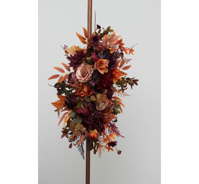 Flower Arch Arrangement in Plum, Purple, Orange, Rust & Beige | Faux Floral Archway for Wedding