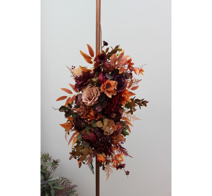Flower Arch Arrangement in Plum, Purple, Orange, Rust & Beige | Faux Floral Archway for Wedding