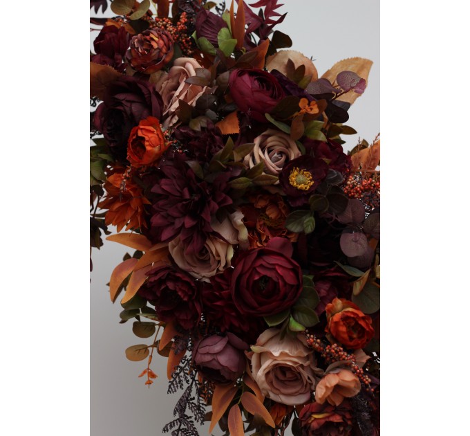 Flower Arch Arrangement in Plum, Purple, Orange, Rust & Beige | Faux Floral Archway for Wedding