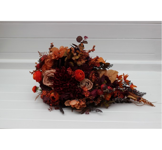 Wedding Bouquets in Plum, Purple, Orange, Rust & Beige | Cascading Faux Bridal & Bridesmaid Bouquets