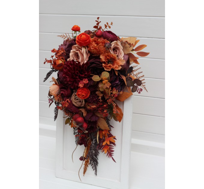 Wedding Bouquets in Plum, Purple, Orange, Rust & Beige | Cascading Faux Bridal & Bridesmaid Bouquets