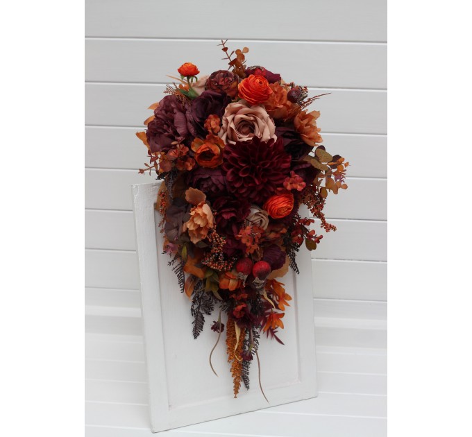 Wedding Bouquets in Plum, Purple, Orange, Rust & Beige | Cascading Faux Bridal & Bridesmaid Bouquets