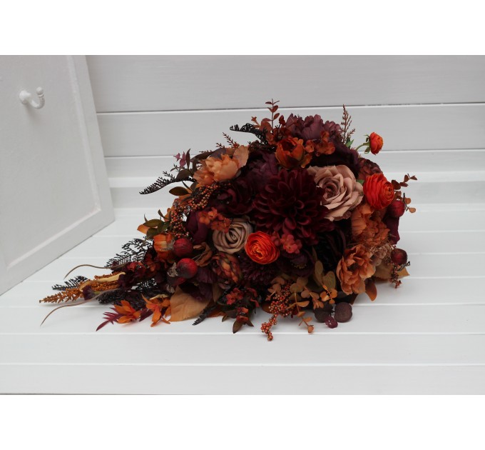Wedding Bouquets in Plum, Purple, Orange, Rust & Beige | Cascading Faux Bridal & Bridesmaid Bouquets