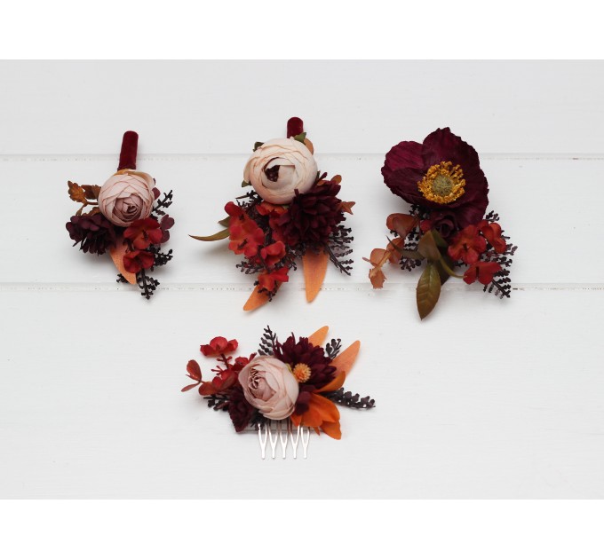 Flower comb in plum purple orange rust beige color scheme. Wedding accessories for hair. Bridal flower comb. Bridesmaid floral comb. 5260