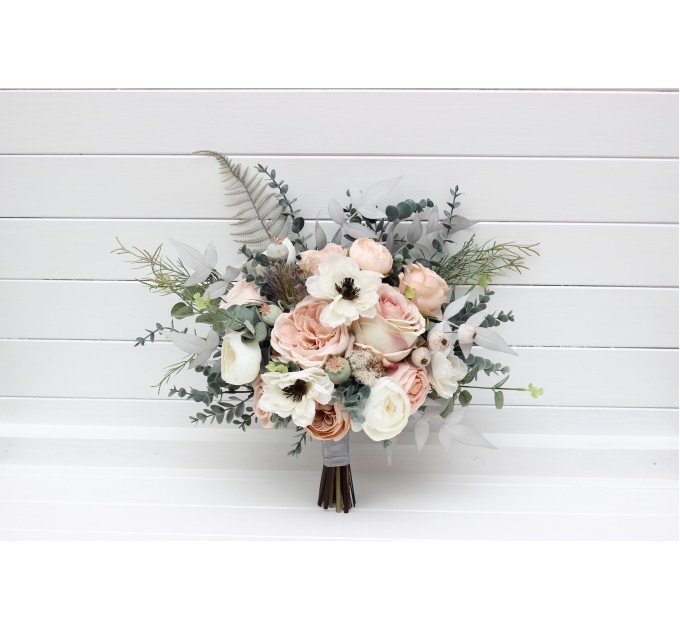 Wedding bouquets in beige white gray blush pink colors. Bridal bouquet. Cascading bouquet. Faux bouquet. Bridesmaid bouquet. 5261