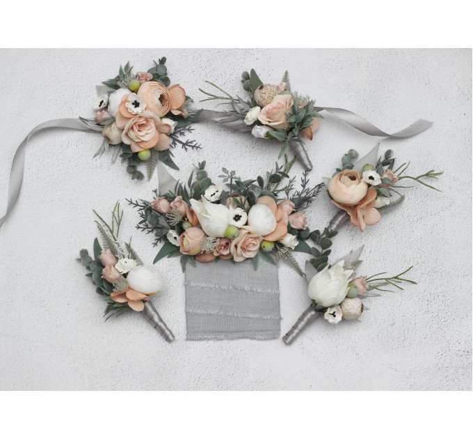  Wedding boutonnieres and wrist corsage  in beige white gray blush pink color scheme. Flower accessories. 5261