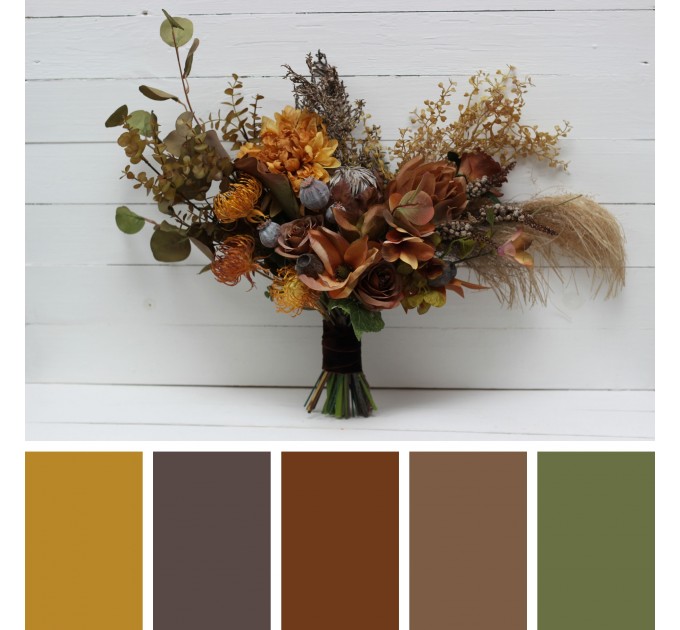 Wedding bouquets in mustard olive brown colors. Bridal bouquet. Faux bouquet. Bridesmaid bouquet. 5163