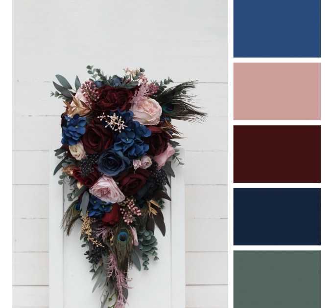 Wedding Bouquets in Burgundy, Navy Blue, Gold & Pink | Cascading Faux Bridal & Bridesmaid Bouquets with Peacock Feathers