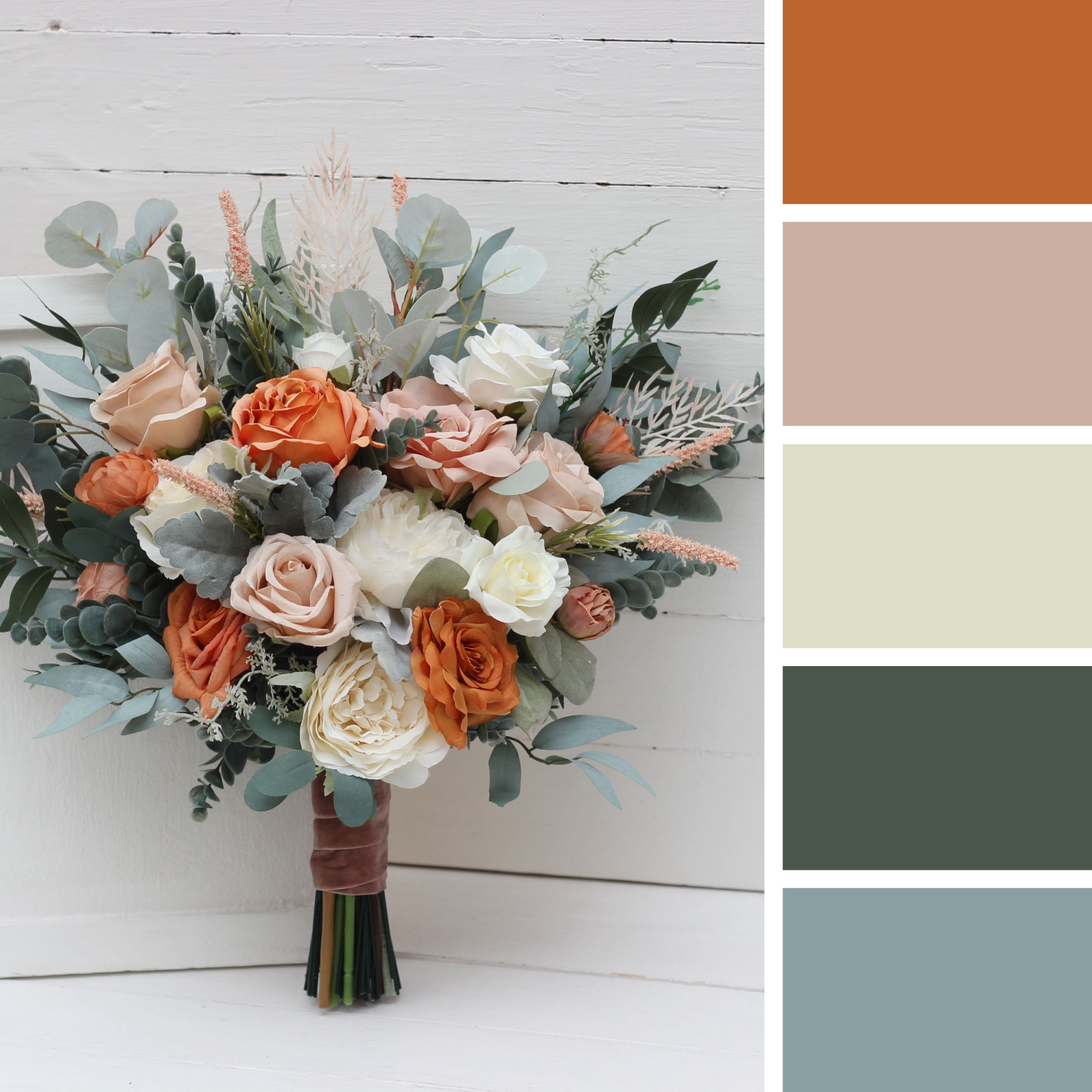 Rust & Sage Green Bridal Bouquet – Faux Wedding Flowers in Ivory Rust & Sage Green Bridal Bouquet – Faux Wedding Flowers in Ivory