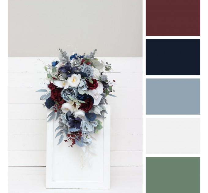 Wedding Bouquets in Dusty Blue, Navy Blue, Burgundy & White | Cascading Bridal & Bridesmaid Faux Bouquets