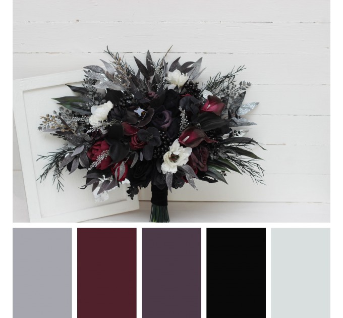 Deep Purple, Black, Silver, and White Anemone Wedding Bouquets – Gothic & Halloween Bridal Designs