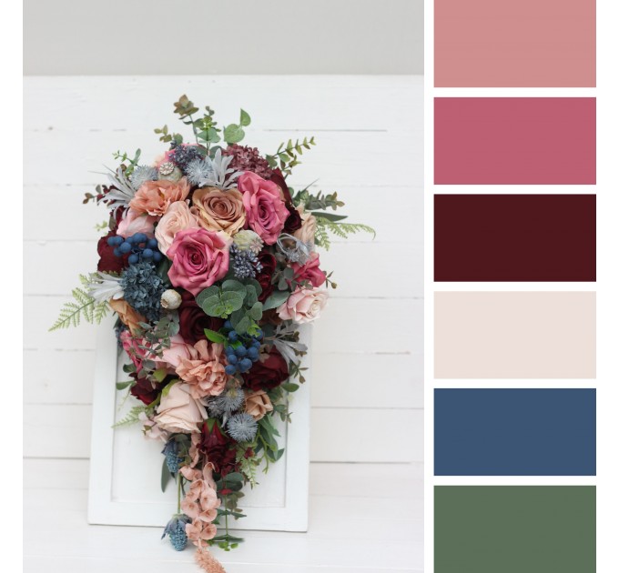 Wedding Bouquets in Burgundy, Dusty Rose & Blue | Cascading Faux Bridal & Bridesmaid Bouquets