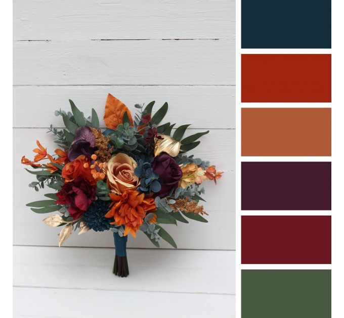 Flower Arch Arrangement in Teal, Rust, Gold, Plum & Mustard | Faux Floral Archway for Jewel-Tone Wedding