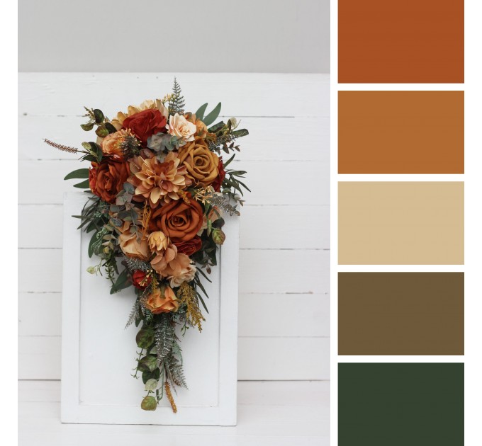 Wedding Bouquets in Rust, Orange & Gold | Dahlia & Rose Faux Bridal & Bridesmaid Cascading Bouquets