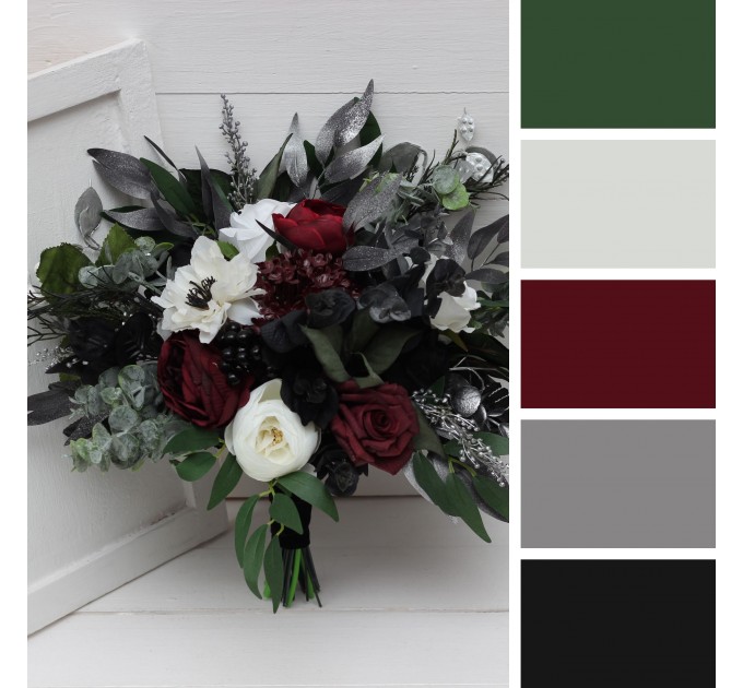 Burgundy, Black, White, Silver, and Emerald Green Wedding Bouquets – Cascading & Boho Designs