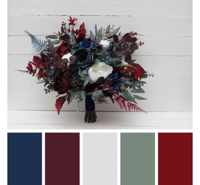 Wedding Bouquets in Navy Blue, White & Burgundy | Cascading Faux Bridal & Bridesmaid Bouquets