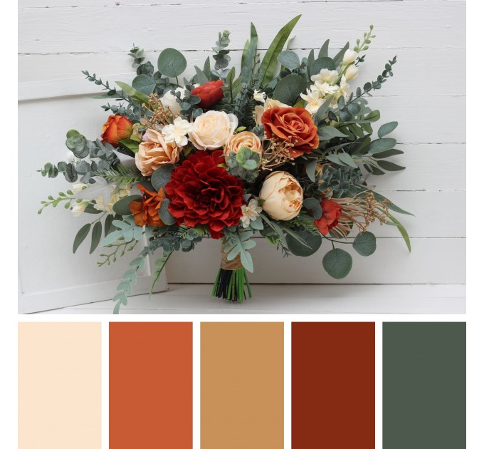 Rust, Ivory & Eucalyptus Bridal Bouquet | Faux Dahlia & Greenery Wedding Bouquets