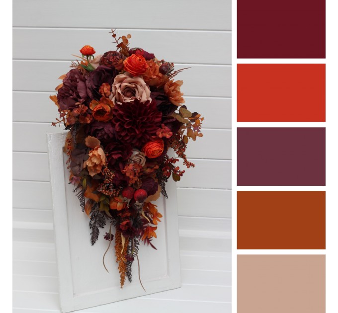 Wedding Bouquets in Plum, Purple, Orange, Rust & Beige | Cascading Faux Bridal & Bridesmaid Bouquets