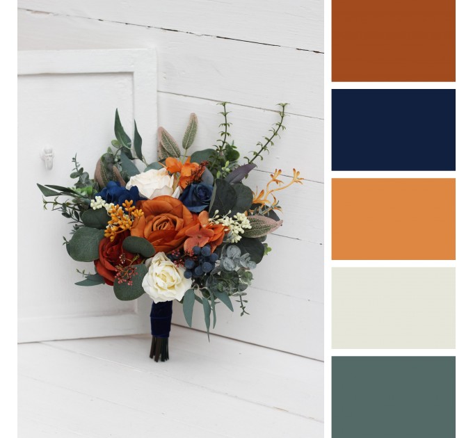 Bridesmaid & Small Bridal Bouquet in Burnt Orange, Ivory & Navy Blue | Faux Boho Fall Wedding Flowers