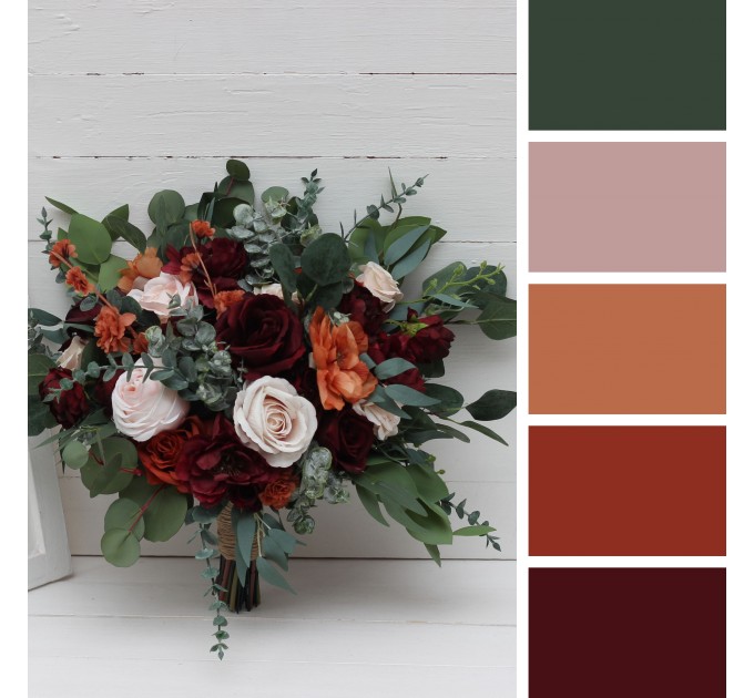 Wedding Bouquets in Rust, Blush Pink & Burgundy | Cascading Faux Bridal & Bridesmaid Bouquets