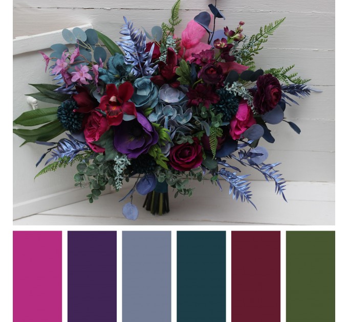 Wedding Bouquets in Teal, Magenta, Blue & Purple | Cascading Faux Bridal & Bridesmaid Bouquets