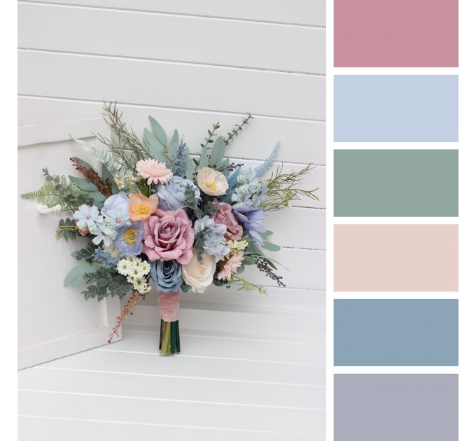 Small Wedding Bouquet in Dusty Blue, Dusty Pink & Peach | Wildflower Faux Bridal & Bridesmaid Bouquets