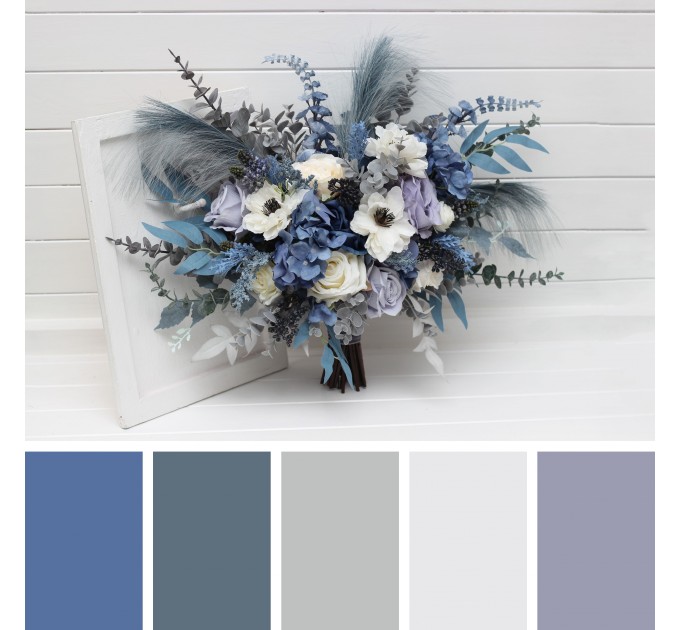 Wedding Bouquets in Dusty Blue, White, Ivory & Gray | Cascading Faux Bridal & Bridesmaid Bouquets
