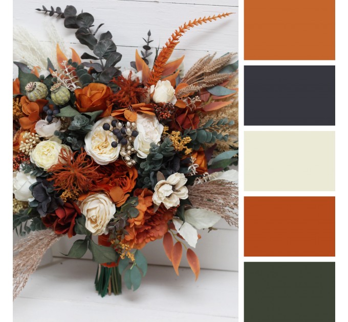 Wedding Bouquets in Burnt Orange, Ivory & Navy Blue | Cascading Bridal & Bridesmaid Faux Bouquets